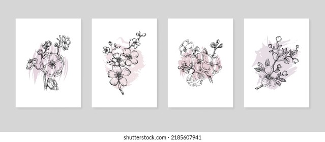 Set of Abstract Sakura Hand Painted Illustrations for Wall Decoration, minimalist flower in sketch style. Postcard, Social Media Banner, Brochure Cover Design Background. Modern Abstract Artwork.