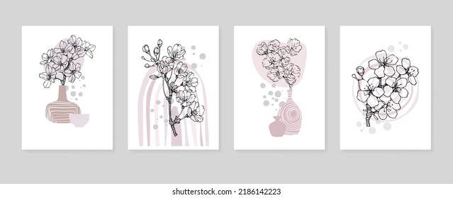 Set of Abstract Sakura Hand Painted Illustrations for Wall Decoration, minimalist flower in sketch style. Postcard, Social Media Banner, Brochure Cover Design Background. Modern Abstract Painting