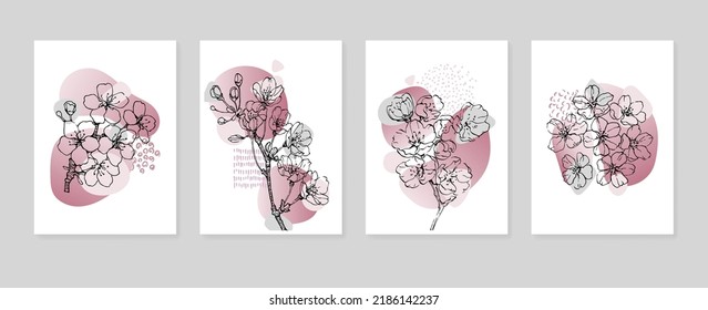 Set of Abstract Sakura Hand Painted Illustrations for Wall Decoration, minimalist flower in sketch style. Postcard, Social Media Banner, Brochure Cover Design Background. Modern Abstract Painting
