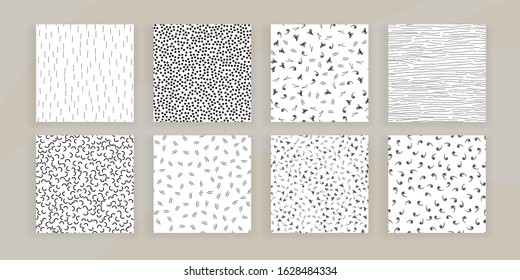 Set of Abstract Samless Patterns of doodles, lines, memphis elements. Simple abstract pattern background collection for interrior, textile design, paper craft. Geometric seamless set