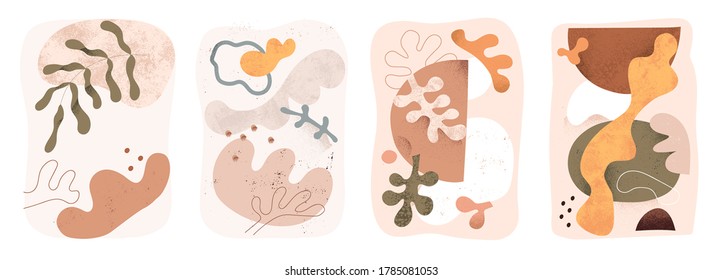 Set of abstract scandinavian art poster with minimalistic beige shape, blot, coral, leaf. Wall art for home decoration, stylish design element. Flat vector illustration isolated on white background