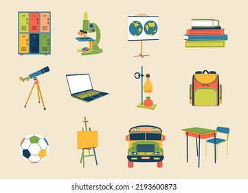 Set of abstract school subjects in colorful flat line style. Equipment for geography, astronomy, PE, biology, chemistry, drawing, literature, computer science. Education, trendy modern collection.