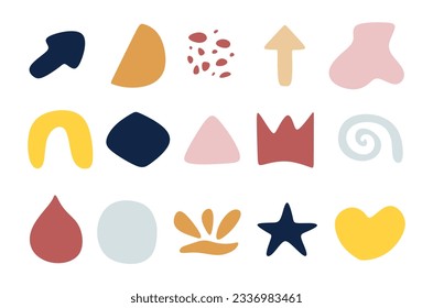 Set of abstract scribble elements in flat style isolated on white background. Hand drawn doodle elements in pastel shades. Minimal kid forms or shapes collection. Vector illustration