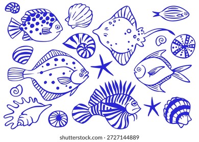 Conjunto de peces de mar abstractos. Ilustración vectorial de unas vacaciones mediterráneas, pescado azul tropical.