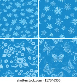 Set abstract seamless backgrounds, symbolical flowers and butterflies on blue. Vector