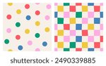 Set of abstract seamless colorful checkered multi-colored pattern and confetti, polka dots on a light background, hand drawn illustration