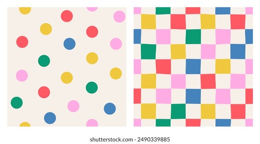 Set of abstract seamless colorful checkered multi-colored pattern and confetti, polka dots on a light background, hand drawn illustration