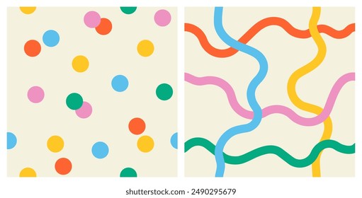 Conjunto de patrón abstracto sin fisuras colorido de líneas onduladas multicolores y confeti sobre un fondo claro, ilustración dibujada a mano