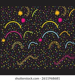 Set of abstract seamless colorful pattern of wavy multicolored lines and confetti on a light background, hand drawn illustration