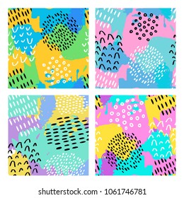 Set of abstract seamless colorful patterns with black and white lines, spots, dots and other elements. Brush strokes effect. Hand drawn abstract background. Scandinavian style. Vector illustration