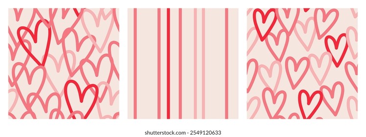 Set of abstract seamless cute patterns from outlines of pink and red hearts, vertical straight stripes on light background, hand drawn illustration, flat style