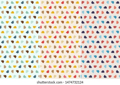 Set of abstract seamless flat style patterns with silhouette of coffee and tea cups in three combinations of retro colors, in different rotation. Three vector swatches included.
