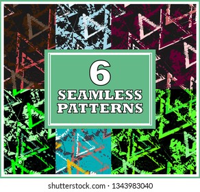 Set abstract seamless geometric background with cracked texture. Grunge pattern for boys, girls, sport, fashion. Urban colorful wallpaper for guys and boys.