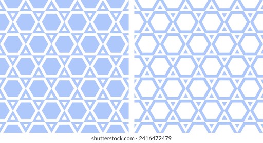Set of Abstract Seamless Geometric Hexagons Light Blue Patterns. Vector Art.