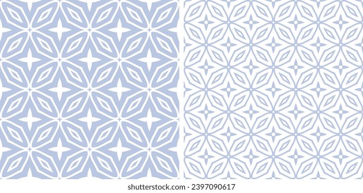 Set von abstrakten, nahtlosen geometrischen, hellblauen und weißen Mustern. Vektorkunst