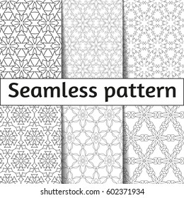 Set abstract seamless geometric pattern. Vector illustration of geometric and floral elements. Image of repeating and alternating constituent elements. Decorative oriental black and white ornament