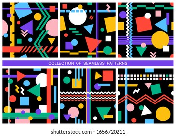 Set of abstract seamless geometric patterns. Multicolored circles, squares, triangles and lines on a black background. Repeating texture for wallpaper design, cover, textile, wrapping. Vector image.