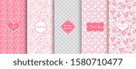 Set of Abstract seamless hand drawn patterns with hearts and flowers Template greeting card, invitation, wrapping paper, brochure, website background. Cute Valentine cards. Vector illustration