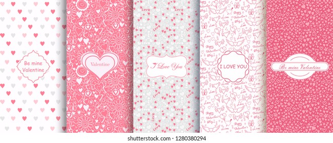 Set of Abstract seamless hand drawn patterns with hearts. Template greeting card, invitation and advertising banner, brochure. Cute Valentine cards. Wrapping paper for present