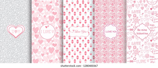 Set of Abstract seamless hand drawn patterns with hearts. Template greeting card, invitation and advertising banner, brochure. Cute Valentine cards. Wrapping paper for present.