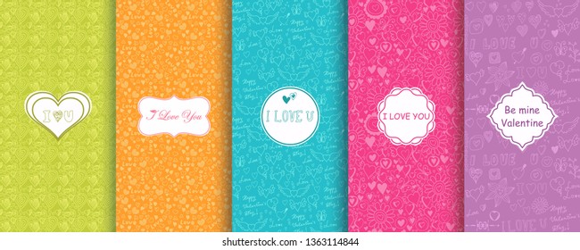 Conjunto de patrones dibujados a mano sin fisuras con corazones sobre fondo vibrante. Tarjeta de felicitación de plantilla, banner de invitación y publicidad, folleto. Brillantes tarjetas de San Valentín