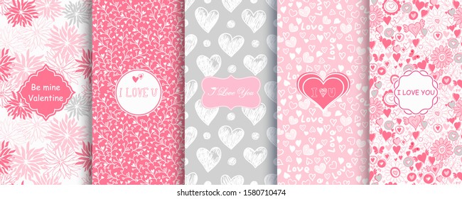 Set of Abstract seamless hand drawn patterns with hearts and flowers Template greeting card, invitation, wrapping paper, brochure, website background. Cute Valentine cards. Vector illustration