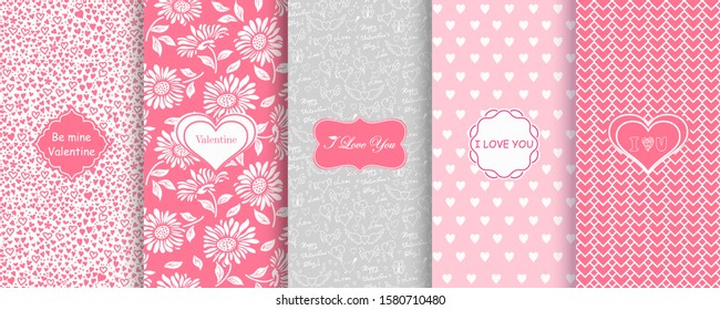 Set of Abstract seamless hand drawn patterns with hearts and flowers Template greeting card, invitation, wrapping paper, brochure, website background. Cute Valentine cards. Vector illustration