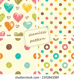 Set of Abstract seamless hand drawn patterns with hearts and polka dots. Template greeting card, invitation, wrapping paper, brochure, website background. Cute Valentine cards. Vector 