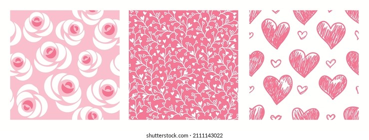 Set of Abstract seamless hand drawn patterns with hearts and flowers Template greeting card, invitation, wrapping paper, brochure, website background. Cute Valentine cards. Vector illustration