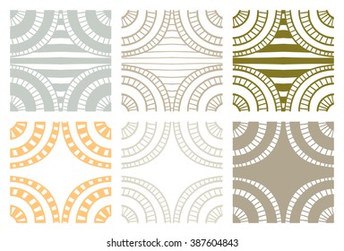 Set of abstract seamless hand drawn beige zenart swatches colorful pattern from circles and stripes on white background. Design element for background, textile, paper packaging. Vector illustration.