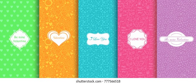 Set of Abstract seamless hand drawn patterns with hearts on vibrant background. Template greeting card, invitation and advertising banner, brochure. Bright Valentine cards.