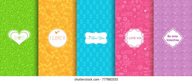 Set of Abstract seamless hand drawn patterns with hearts on vibrant background. Template greeting card, invitation and advertising banner, brochure. Bright Valentine cards