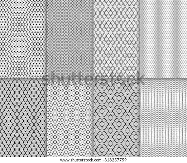 Set of abstract seamless lace and tulle\
pattern. Detail polka dotted and lined lacy material design. Black\
patterned net tile texture on white and gray color background,\
vector art image\
illustration