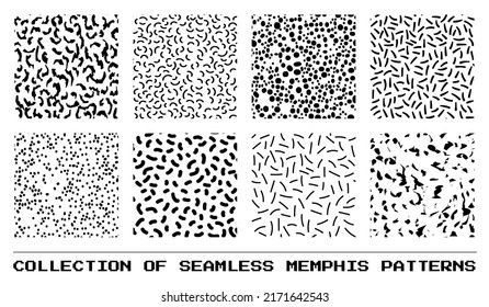 Set of abstract seamless memphis patterns with spots and lines in 80s style. Vector illustration