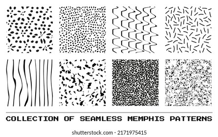 Set of abstract seamless memphis patterns with spots and lines in 80s style. Vector illustration