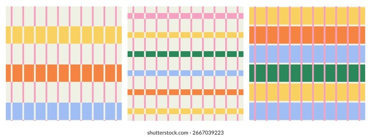 Conjunto de padrões geométricos simples geométricos modernos abstratos coloridos de linhas quadriculadas multicoloridas, tabuleiro de xadrez distorcido, padrão listrado no fundo da luz; ilustração vetorial simples, estilo plano