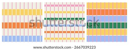 Set of  abstract seamless modern simple geometric colorful patterns of multi-colored checkered lines, distorted chessboard, striped pattern on light background; simple vector illustration, flat style