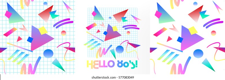 Set abstract seamless pattern backgrounds. With lettering HELLO 80's. Retro 80s or 90s memphis geometric fashion style . Hip Hop style good for vintage textile fabric design. Vector illustration. 