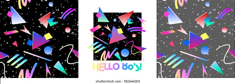 Set abstract seamless pattern backgrounds. With lettering HELLO 80's. Retro 80s or 90s memphis geometric fashion style . Hip Hop style good for vintage textile fabric design. Vector illustration. 