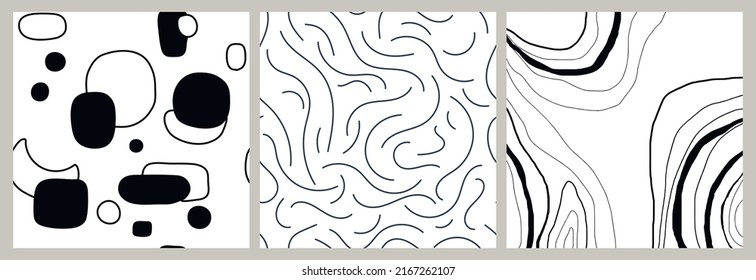 Set of abstract seamless pattern black and white. Lines, geometric smooth shapes and spots. Black outline on a white background. simple vector illustration for printing on wallpaper, paper, fabriс