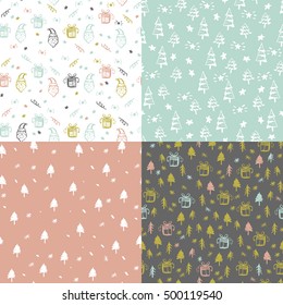 Set of abstract seamless pattern with christmas doodle elements. Perfect for wallpaper, wrapping paper, pattern fills, winter greetings, web page background.