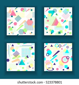 Set  Abstract seamless pattern from geometric form in postmodern Memphis Style on white background for wallpaper or package or for clothes for decoration childish school subject or for creative design