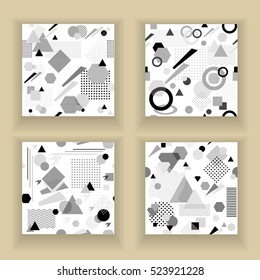 Set  Abstract seamless pattern from geometric form in postmodern Memphis Style black  grey on white for wallpaper or package or for clothes for decoration childish school subject or creative design