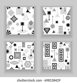 Set  Abstract seamless pattern from geometric form in postmodern Memphis Style black  grey on white for wallpaper or package or for clothes for decoration childish school subject or creative design