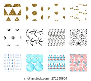 Set of abstract seamless pattern. Gold, monochrome and watercolor.