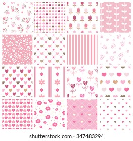 Set of abstract seamless pattern with hearts, stripe, polka dots and floral elements