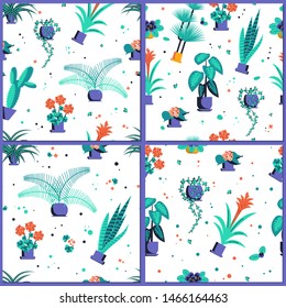 Set of Abstract seamless pattern with home plant. Flat Art Vector illustration