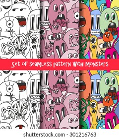 Set of abstract seamless pattern with monsters. Three seamless patterns under clipping mask and in swatches.