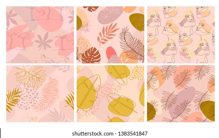 Set of abstract seamless pattern with tropical elements, shapes and girl portrait in one line style. Editable vector illustration