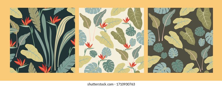 Set of abstract seamless pattern with tropical plants and flowers. Modern exotic design for paper, cover, fabric, interior decor and other users.